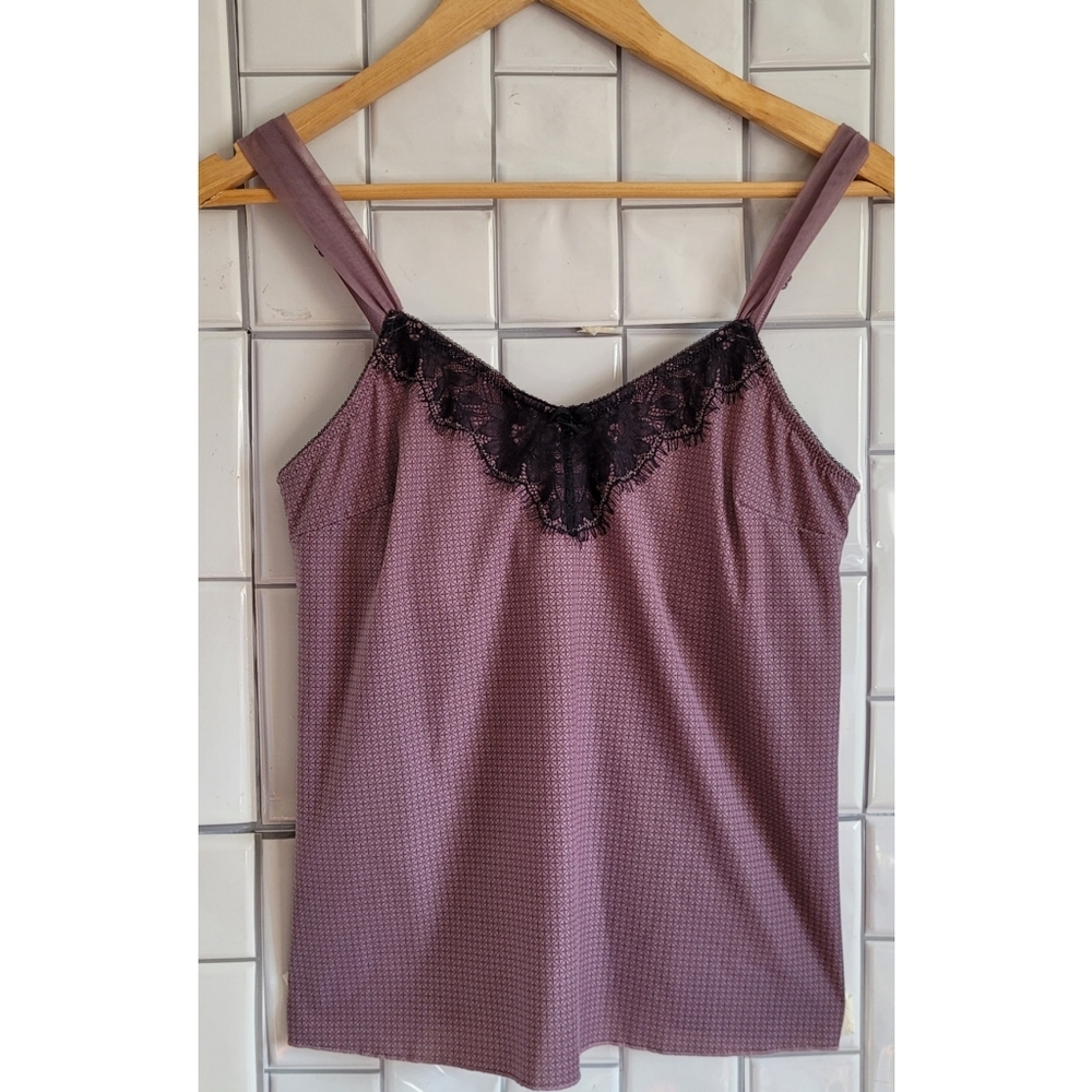 AMOENA  Womens Satin Like Print Tank Cami  with Internal Bra  Black  Lace Detail